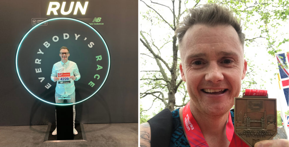 left: Jay with marathon bib number. Right: Jay with London marathon medal after finishing